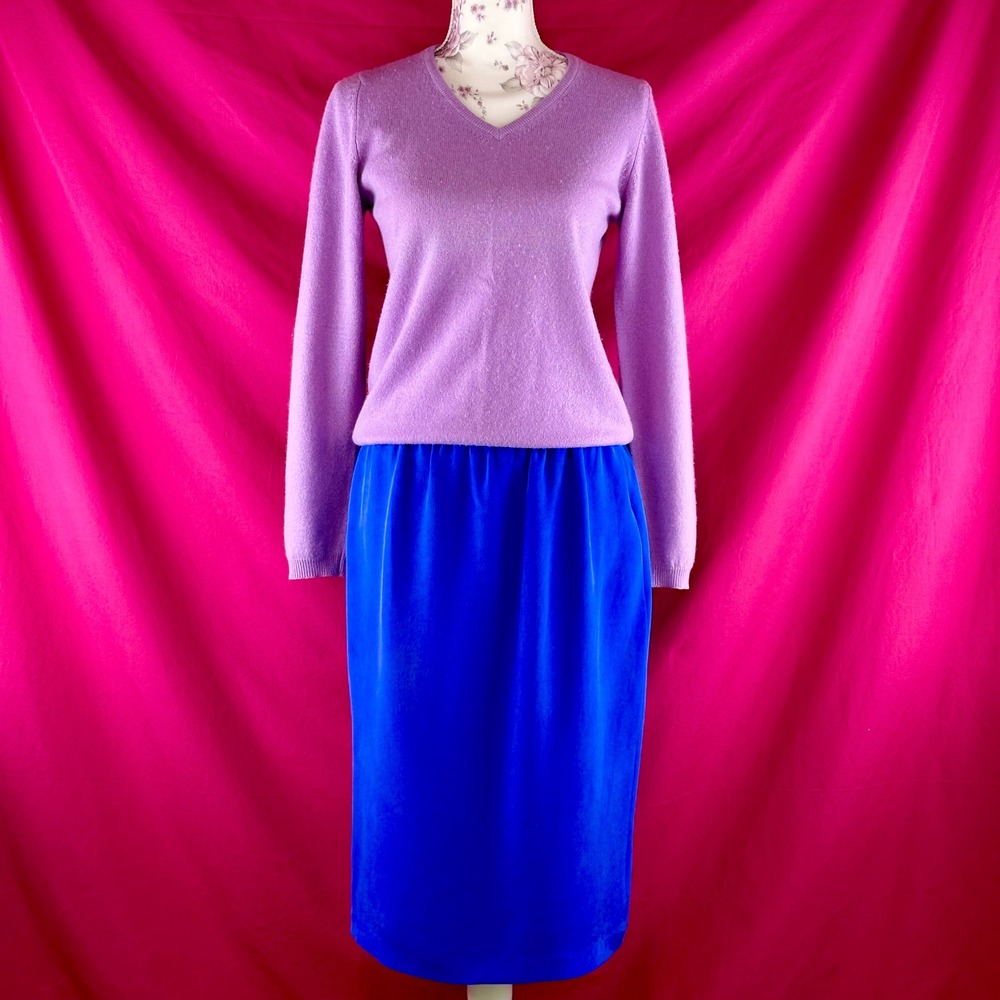 Vintage‎ Silk Cobalt Blue Pencil Skirt Size 8 Midi Length Elastic Holiday Party